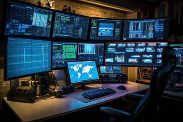 Fototapeta premium Multi monitor cybersecurity analyst workstation monitoring system with multiple screens