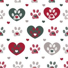 Red heart and paw prints seamless fabric design pattern. Christmas Happy New year design