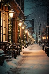 Night cityscape. A snowy street decorated for Christmas. Retro. Winter holidays, Christmas and New...