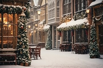 A snowy street decorated for Christmas. Retro. Winter holidays, Christmas and New Year, postcard