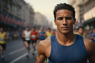 Fototapeta premium young athlete takes a selfie with other runners at the running race, running race in the city, many runners in the background,