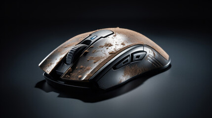 A metallic film of dust coats a large gaming mouse, its glossy black buttons clicking softly