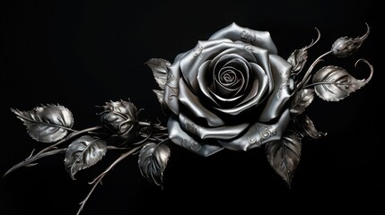 Beautiful silver rose in gothic style on black background, close-up.