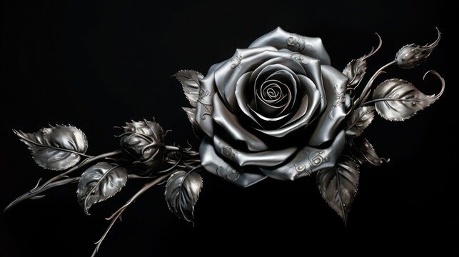 Beautiful silver rose in gothic style on black background, close-up.