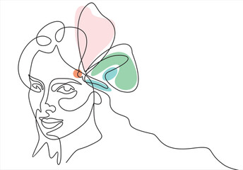 Beautiful woman vector logo design in simple minimal line art style. Female face on abstract geo shapes background. Pretty portrait with butterfly concept for beauty salon, makeup, cosmetology.