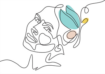 Beautiful woman vector logo design in simple minimal line art style. Female face on abstract geo shapes background. Pretty portrait with butterfly concept for beauty salon, makeup, cosmetology.