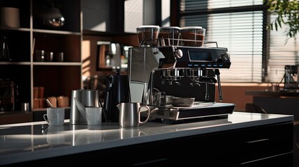 Fototapeta premium an Espresso machine in a modern kitchen setting, capturing its contemporary design and functionality.