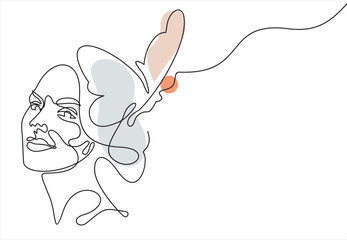 Beautiful woman vector logo design in simple minimal line art style. Female face on abstract geo shapes background. Pretty portrait with butterfly concept for beauty salon, makeup, cosmetology.