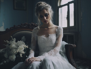 Sad bride wearing a white wedding dress on the couch, generated by AI