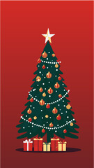 Sapin de Noël vert sur fond rouge