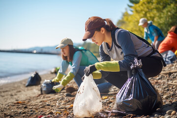 Group of volunteers helping to keep nature clean by collecting garbage into plastic bag - obrazy, fototapety, plakaty