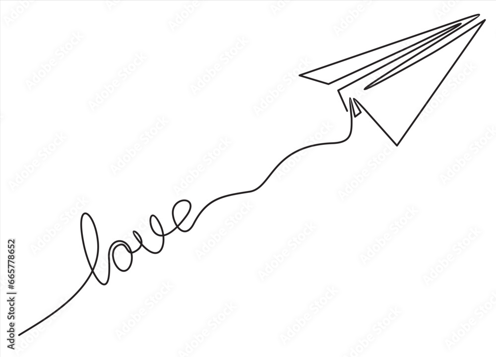Poster flying paper plane with heart path continuous line drawing. idea conceptual symbol. vector illustrat