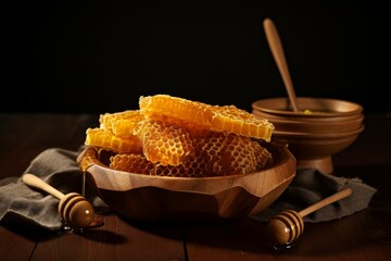 Organic Fresh honeycombs wood bowl. Natural food bee. Generate Ai