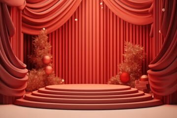 Merry Christmas banner with stage product display cylindrical shape and festive decoration for christmas, Minimal scene for mockup products, promotion display, 3D rendering product display platform.