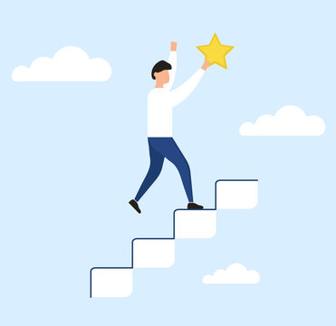 Young business man climbs the stairs to receive a reward for a job well done. Hope to success in business, accomplishment or reaching business goal, reward and motivation concept. Vector illustration.