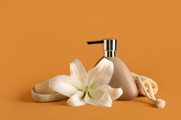 Set of spa accessories with beautiful lily flower on color background