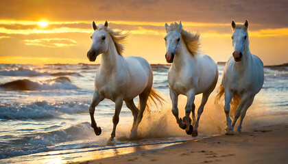 tre cavalli bianchi corrono ad alta velocità su una spiaggia dell'oceano al tramonto. La foto trasmette serenitò e pace ma anche determinazione - obrazy, fototapety, plakaty