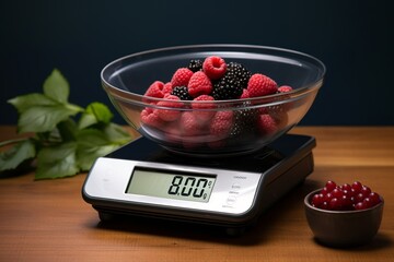 measuring cup with ripe berries on the scale - 665779083