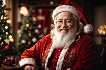 santa claus smiling with christmas tree in the background