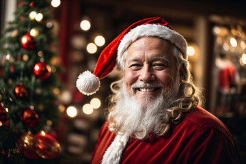 santa claus smiling with christmas tree in the background