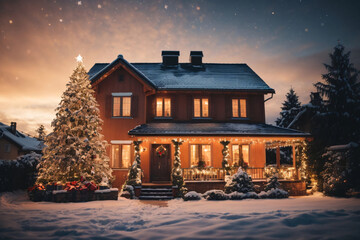 christmas house in the snow