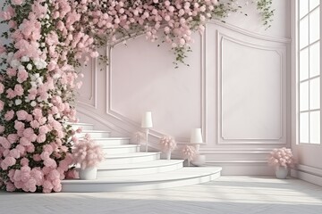 Photo Studio Boasting Staircase And Backdrop Adorned With Floral Wall - obrazy, fototapety, plakaty