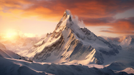 Naklejka na ściany i meble A majestic, snow-covered mountain range, with the sun setting over it
