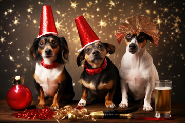 Three cute dogs with party hats