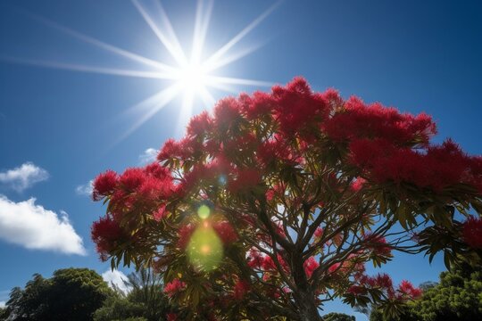 Blooming pohutakawa tree under sunny New Zealand summer skies. Generative AI