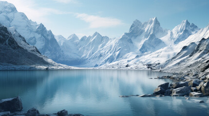 A majestic, snow-covered mountain range, with a few alpine lakes in the foreground