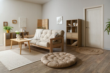 Interior of modern living room with couch and table