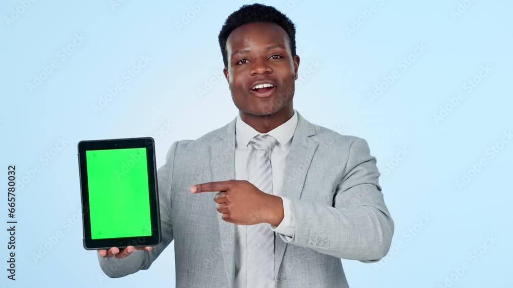 Aufkleber face, green screen and black man with a tablet, employee and presentation on blue studio background.