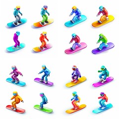 Naklejka premium 3D Snowboard Icon Set: 16 Colorful Matching Snowboards