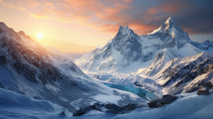 Fototapeta premium A majestic, snow-covered mountain range, with the sun setting over it