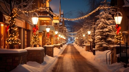 Colorado Christmas Lights: Captivating Winter Scene in Snowy Vail Town - obrazy, fototapety, plakaty