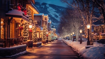 Colorado Christmas Lights: Magical Winter Town Decorated with Festive Christmas Lights in Vail, Colorado - obrazy, fototapety, plakaty