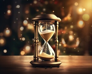 Countdown to Christmas and New Year. Festive Holiday Background with Hourglass marking New Year's Hours
