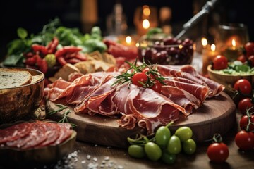 Delicious Italian Food Table at Christmas Wedding Reception. Prosciutto Appetisers and Luxury Catering Concept with Smoked Meat, Sauce, Bread, and Fresh Tomatoes