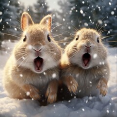 Excited Animals in a Winter Wonderland! Christmas Rabbits Get Festive in the Snow
