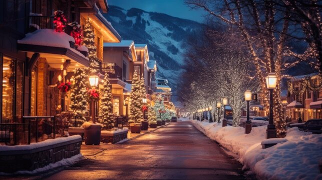 Colorado Christmas Lights: Magical Winter Town Decorated with Festive Christmas Lights in Vail, Colorado
