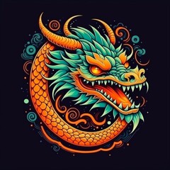 Chinese Year of the Dragon. Original vintage pattern with the image of a realistic oriental dragon on a black background. Chinese symbol of 2024 new year. Illustration. 