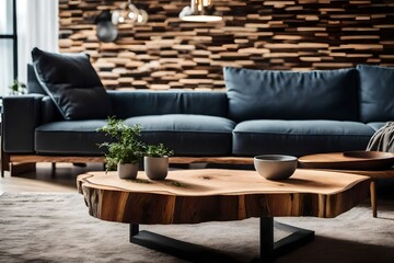Close-up of a live-edge wooden accent coffee table next to a sofa. A contemporary living room's interior design