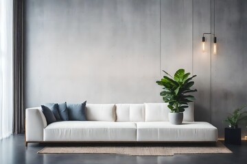 A concrete wall is paired with a white sofa and a potted plant. Modern living room in a minimalist home with a view