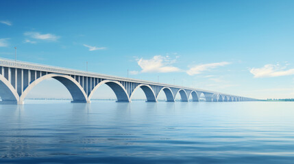 A majestic bridge stands tall against a bright blue sky, spanning a wide expanse of calm waters