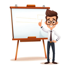 Smart Teacher in Glasses and Button-Up Shirt Standing at Blackboard - Educational Vector Illustration of Knowledge and Classroom Learning