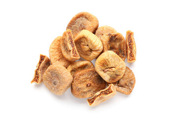 Many dried figs on white background