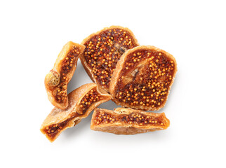 Cut sweet dried figs on white background