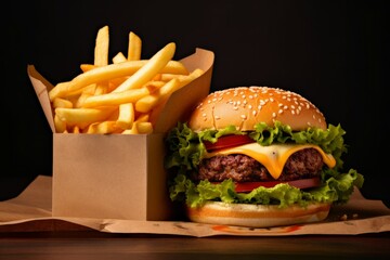 Delicious Tasty burger paper box with fries. Fast-food dinner. Generate Ai