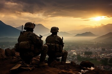 Silhouettes of two armed soldiers sitting on a hill overlooking a peaceful city at sunset - Powered by Adobe