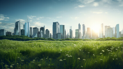 A looming cityscape of tall glass buildings stands amongst a lush sea of green grass, illuminated by the pale light of the setting sun